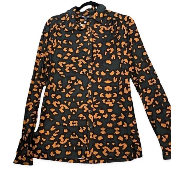 Long Tall Sally Blouse Jersey Knit Fabric Button Down Cheetah Skin Design W S - Picture 3 of 3